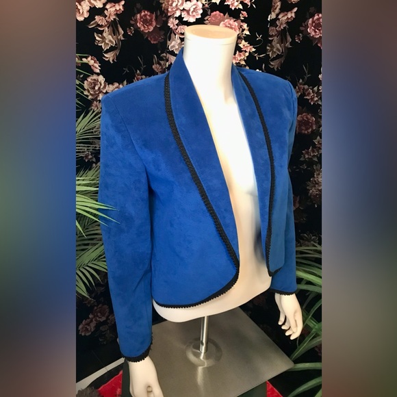 Samuel Robert By Peter Hatsi Androu Blue Suede Black Edging Blazer Size 6 - Picture 2 of 9